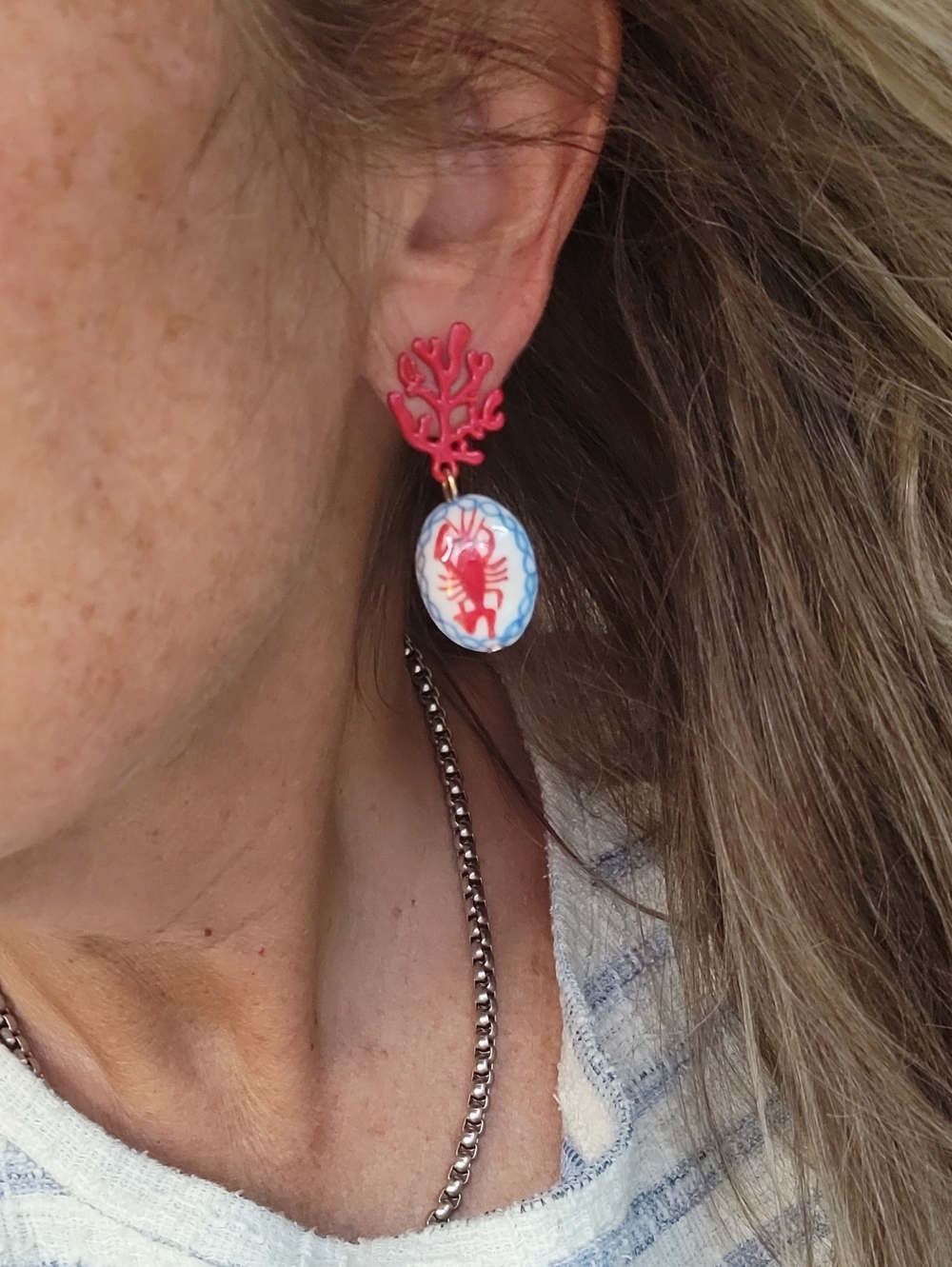 Red Coral Lobster Drop Earrings - Nautical Statement
